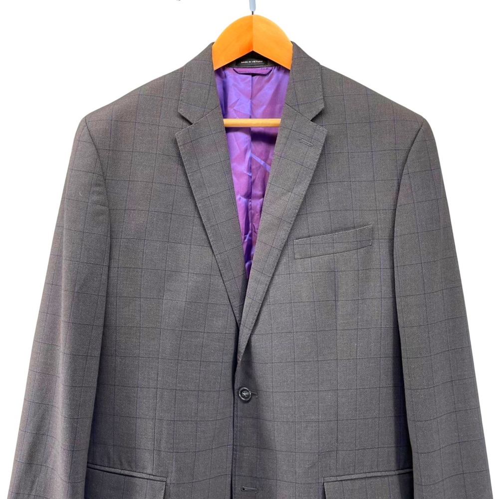 Sean John Mens 44L Blazer Charcoal Indigo Windowpane Purple Lining Suit Jacket - Picture 3 of 14